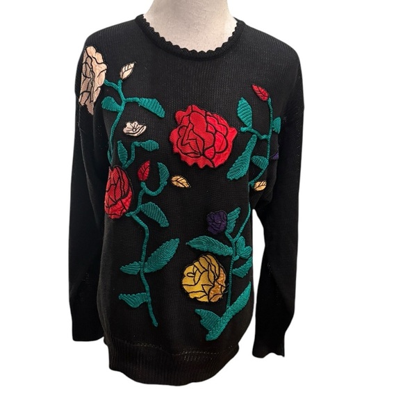 Richard Martin Sweaters - Richard Martin Women’s Medium Black Sweater w/ Multi Color Roses Size M Vintage